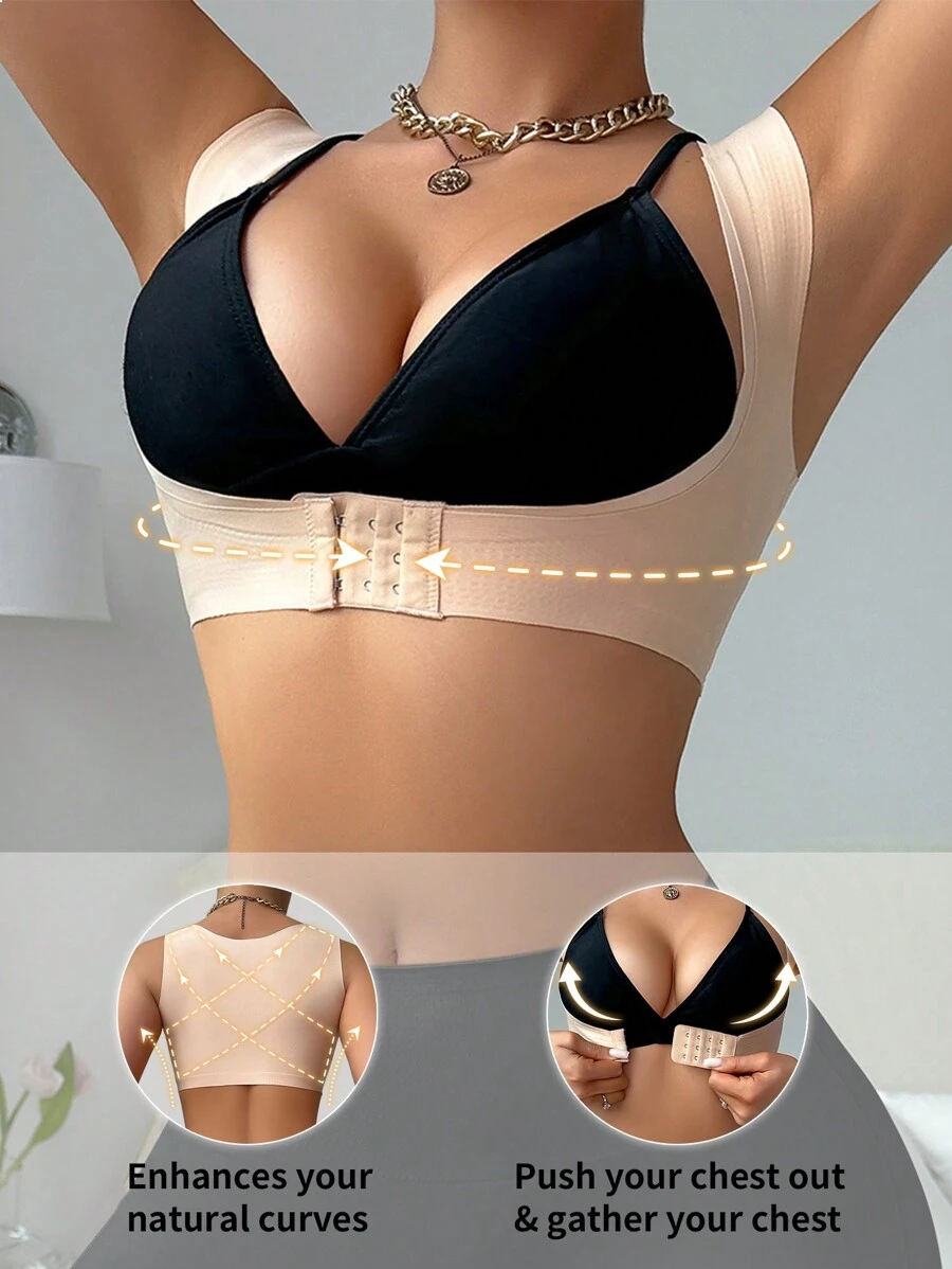 Camiseta moldeadora sin costuras para mujer con cierre frontal y soporte de pecho, diseño en V en la espalda, 1 pieza