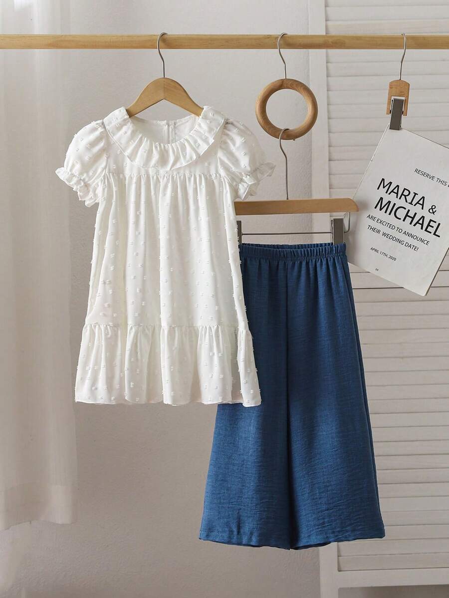 SHEIN Conjunto de blusa longa com gola Peter Pan e calça jeans larga com efeito jeans para meninas, comprimento até o joelho