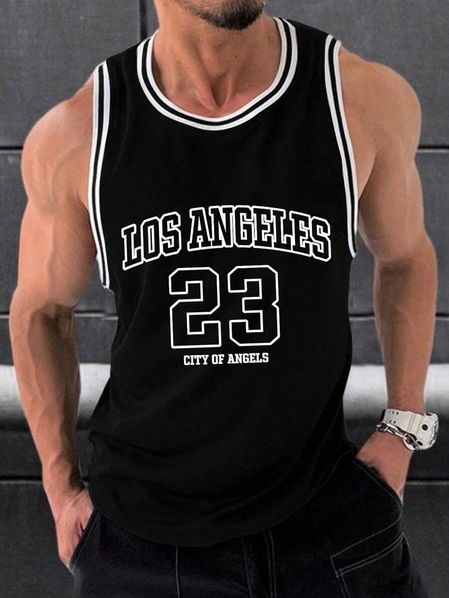 Manfinity Homme Camiseta de baloncesto con impresión digital para hombre, sin mangas, con letra y diseño de bloques de color de Brooklyn