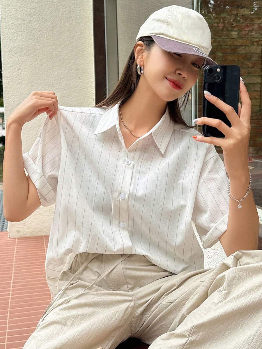 DAZY Casual Business Striped Short Sleeve Loose Shirt