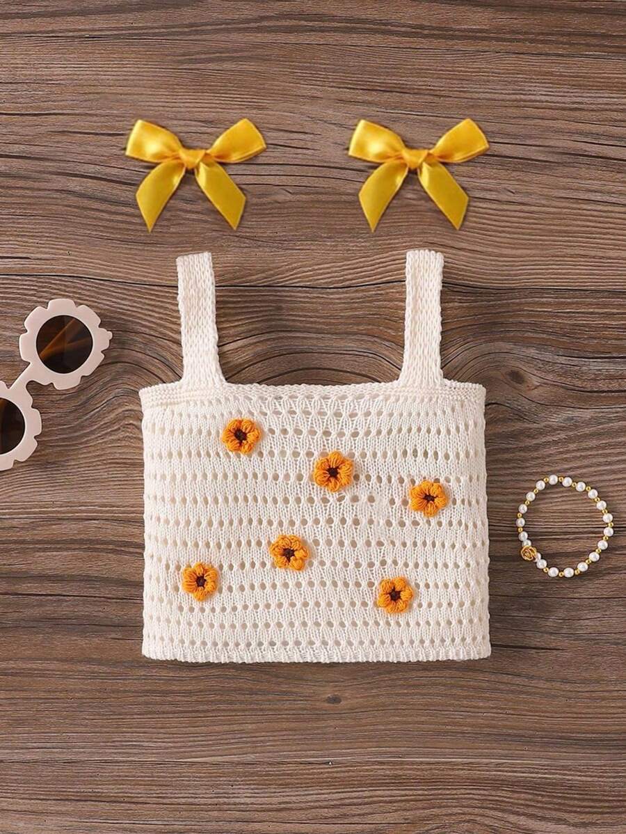 SHEIN Top na ramiączkach dla dziewczynek, wykonany ręcznie na szydełku, z wyciętymi kwiatami 3D, lato