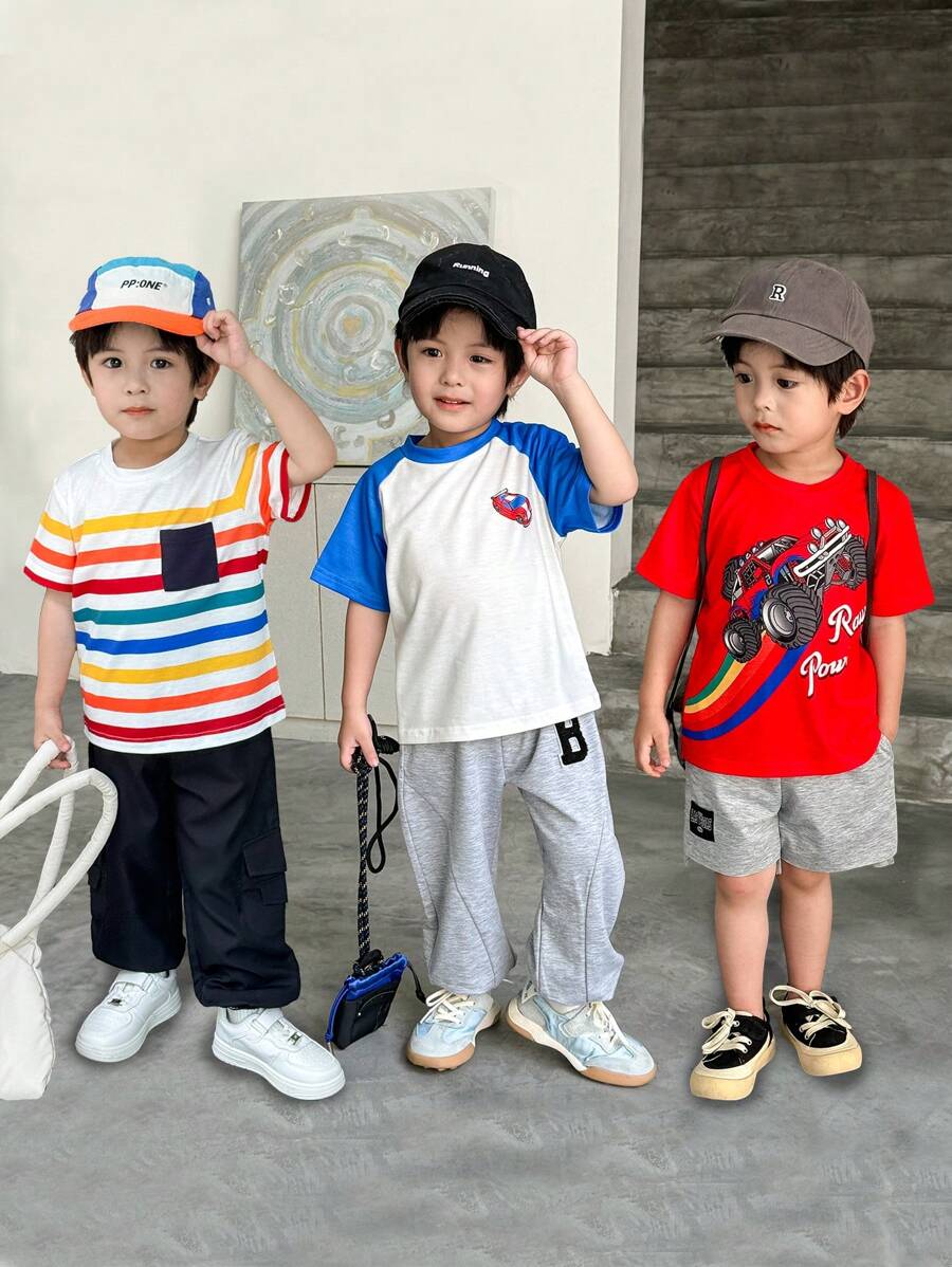SHEIN Camiseta de Manga Curta com Gola Redonda Estampada Minimalista para Meninos Jovens