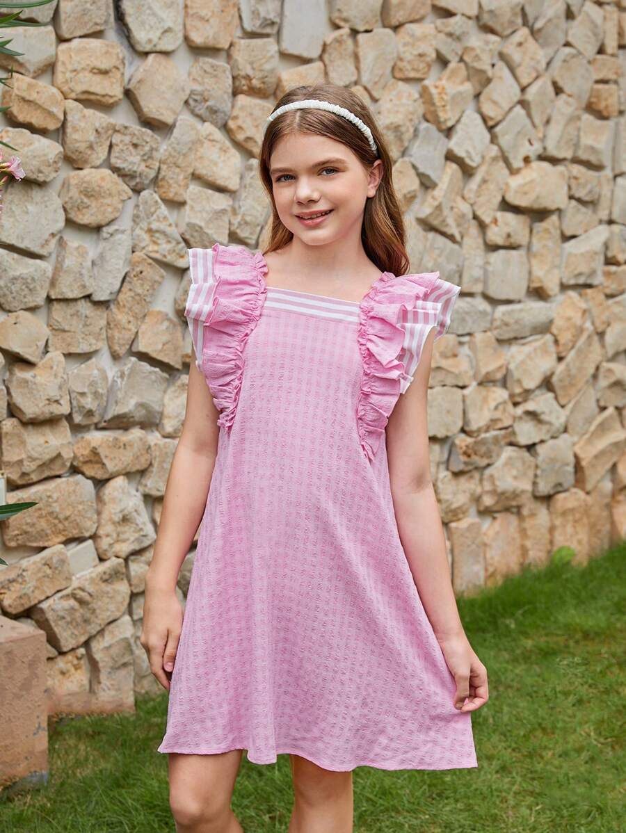 Vestido Simples A-Line Solto de Duas Camadas com Patchwork Listrado e Mangas Babados para Meninas Pré-adolescentes