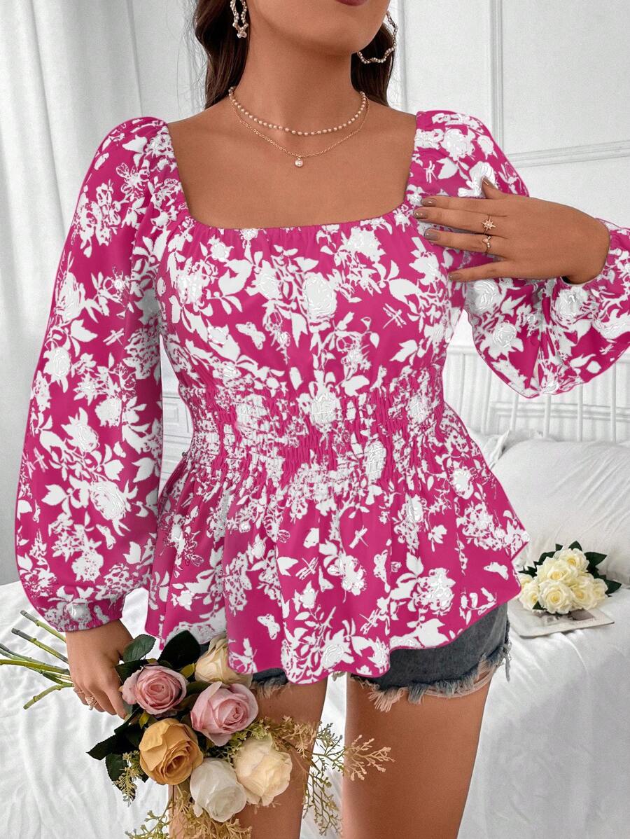 Celure Chemise décontractée à manches longues imprimée de fleurs et de grande taille avec encolure carrée pour l'été