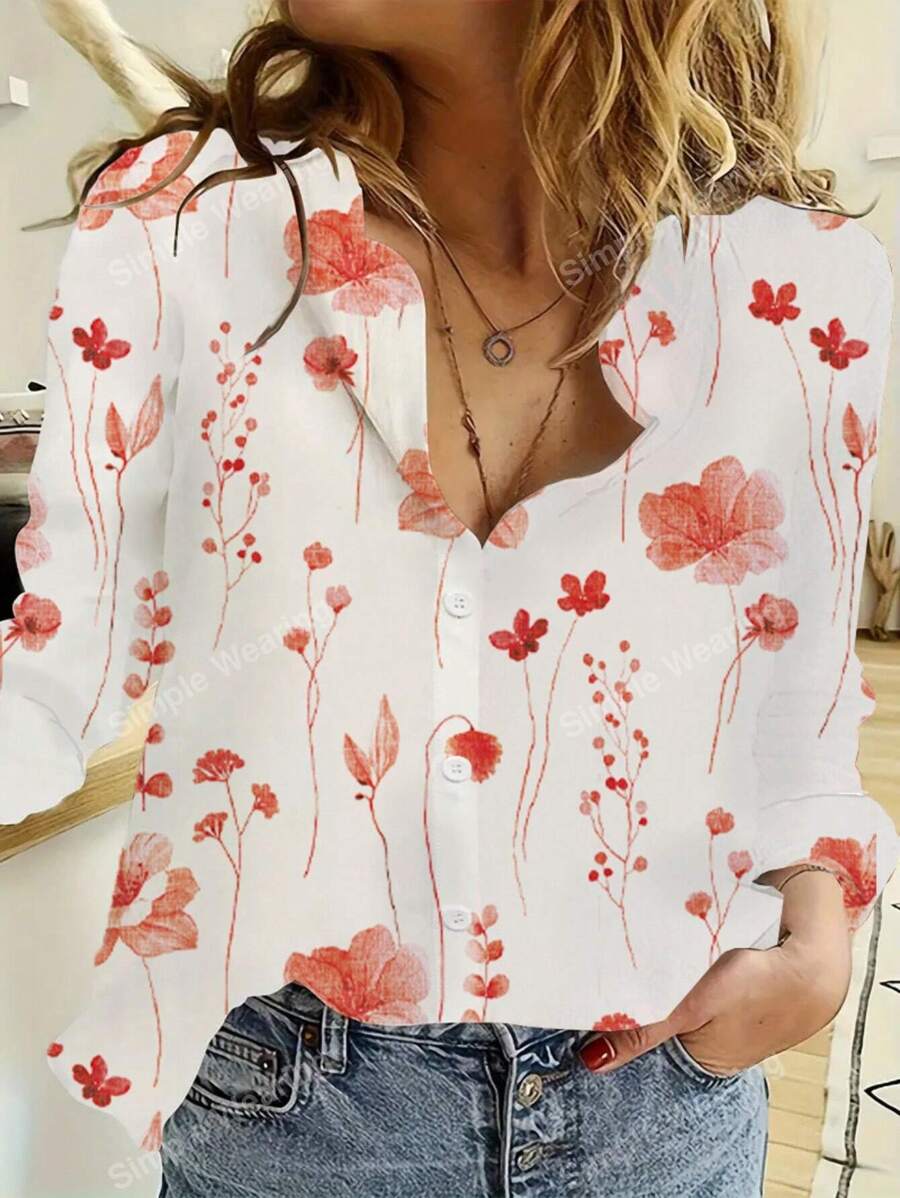 Mother's Day Floral Print Simplicity Blouse, Casual Button-Front Long Sleeve Shirt, Women