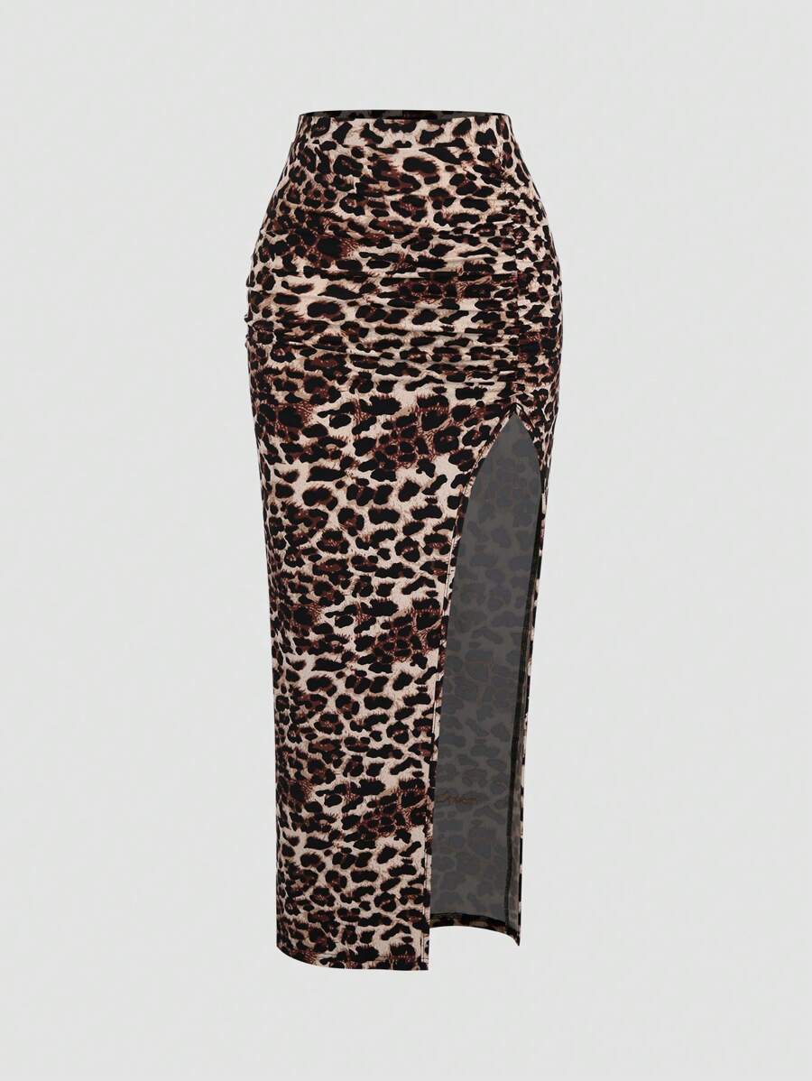 Sweetra Women's Leopard Print Pleated Skirt With Slit, Perfect For Holiday Outfits Maxi Women Outfit