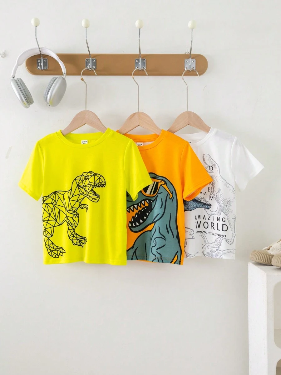 Set de 3 camisetas de manga corta con cuello redondo y gráfico de dinosaurio lindo para niño, conjunto informal para exterior, calle, fiesta, paseo por la ciudad