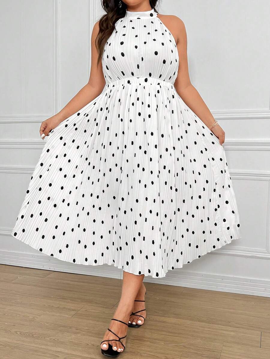Celure Plus Size Polka Dot Pleated Dress With Ribbon Ties