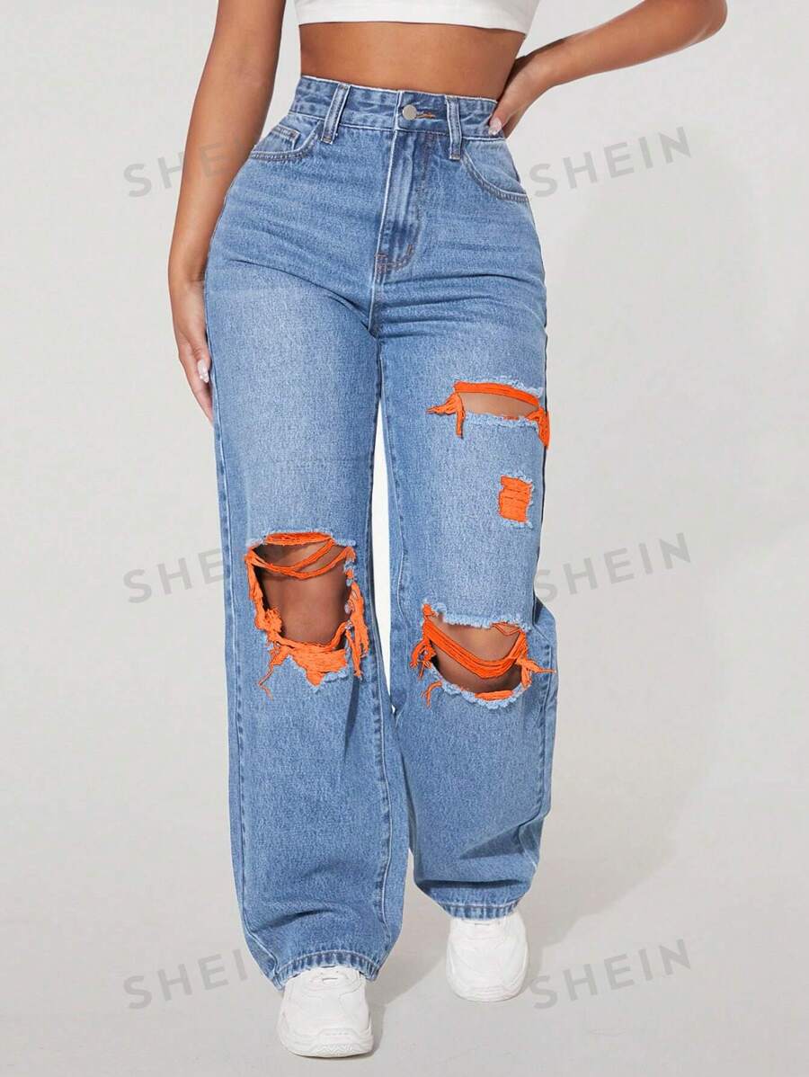 SHEIN PETITE Jeans casuales de pierna recta con agujeros y bolsillos