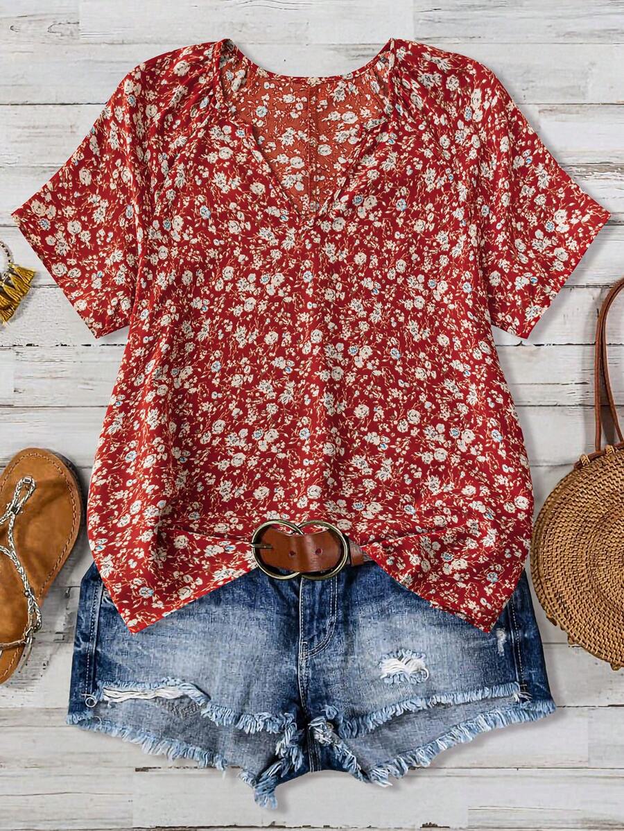EMERY ROSE Women's Floral Printed V-Neck Short Sleeve Shirt, Summer For New Year Clothes,Short Sleeve Tops