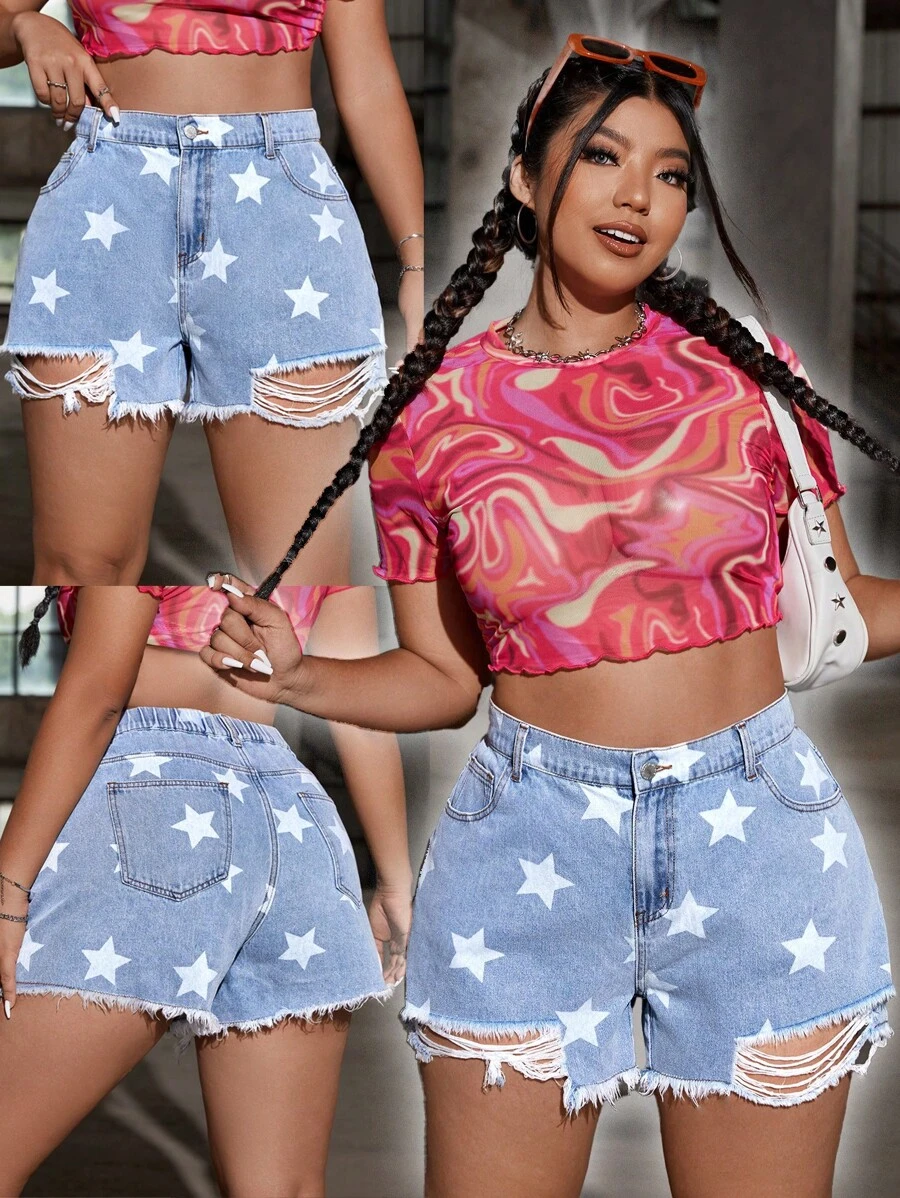 SHEIN EZwear Plus Size Loose Fit Denim Shorts With Frayed Hem, Distressed And Blue Star Print