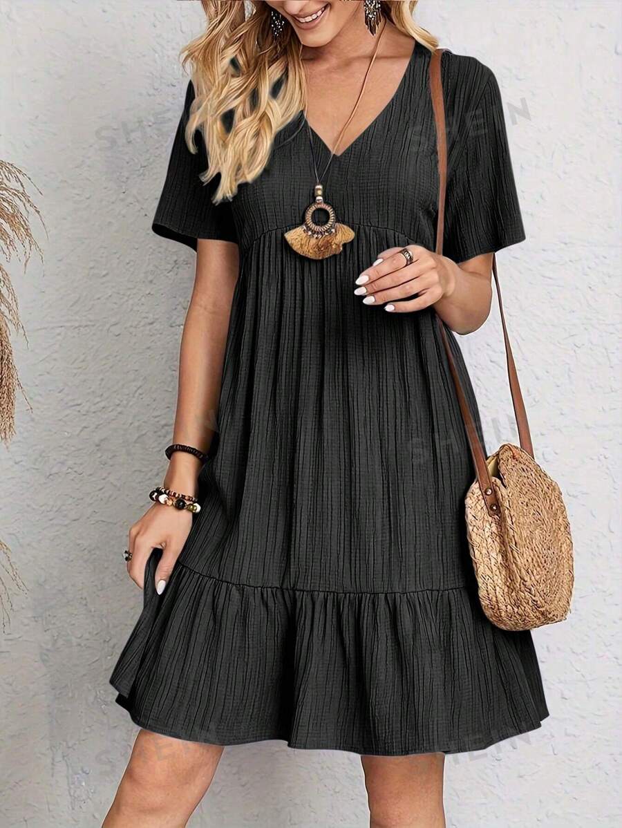 Breezaya Vestido de unicolor con escote en V y manga corta, bajo con volantes, vestimenta casual de verano para vacaciones y playa para mujer