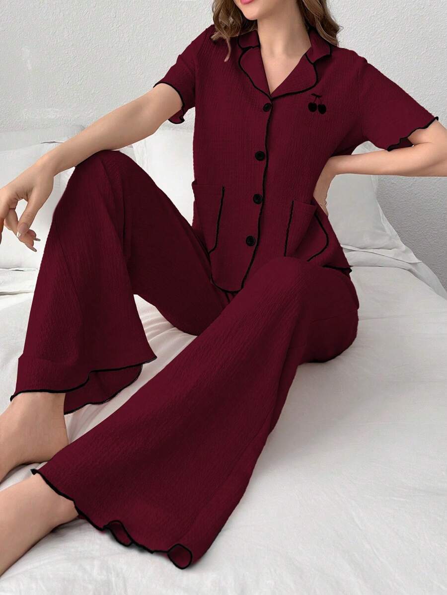 Cherry Embroidery Contrast Trim Short Sleeve Top And Pants Women's Pajama Set Lounge Set