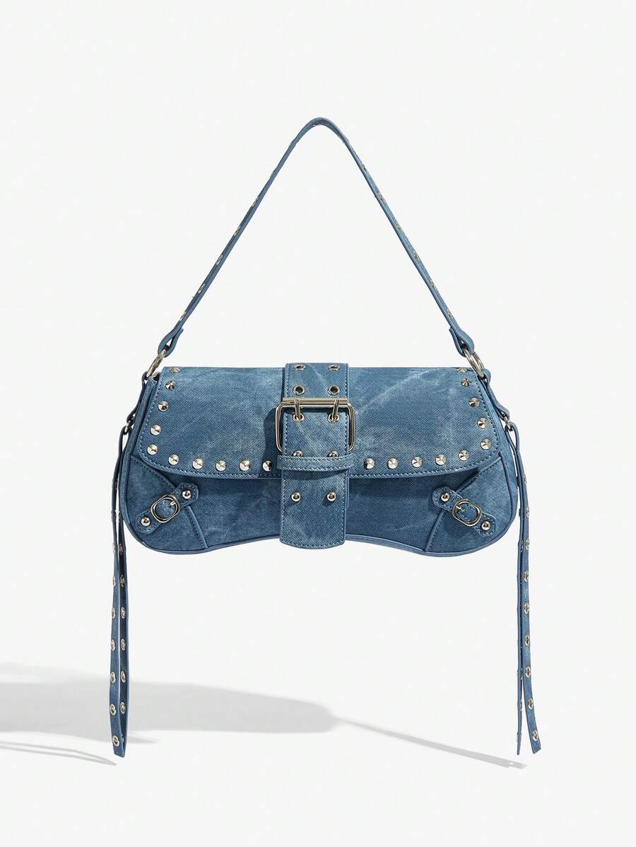 SHEIN X Lucía Bellido SHEIN SXY Bolso de hombro con decoración de remaches de moda para mujeres y adolescentes