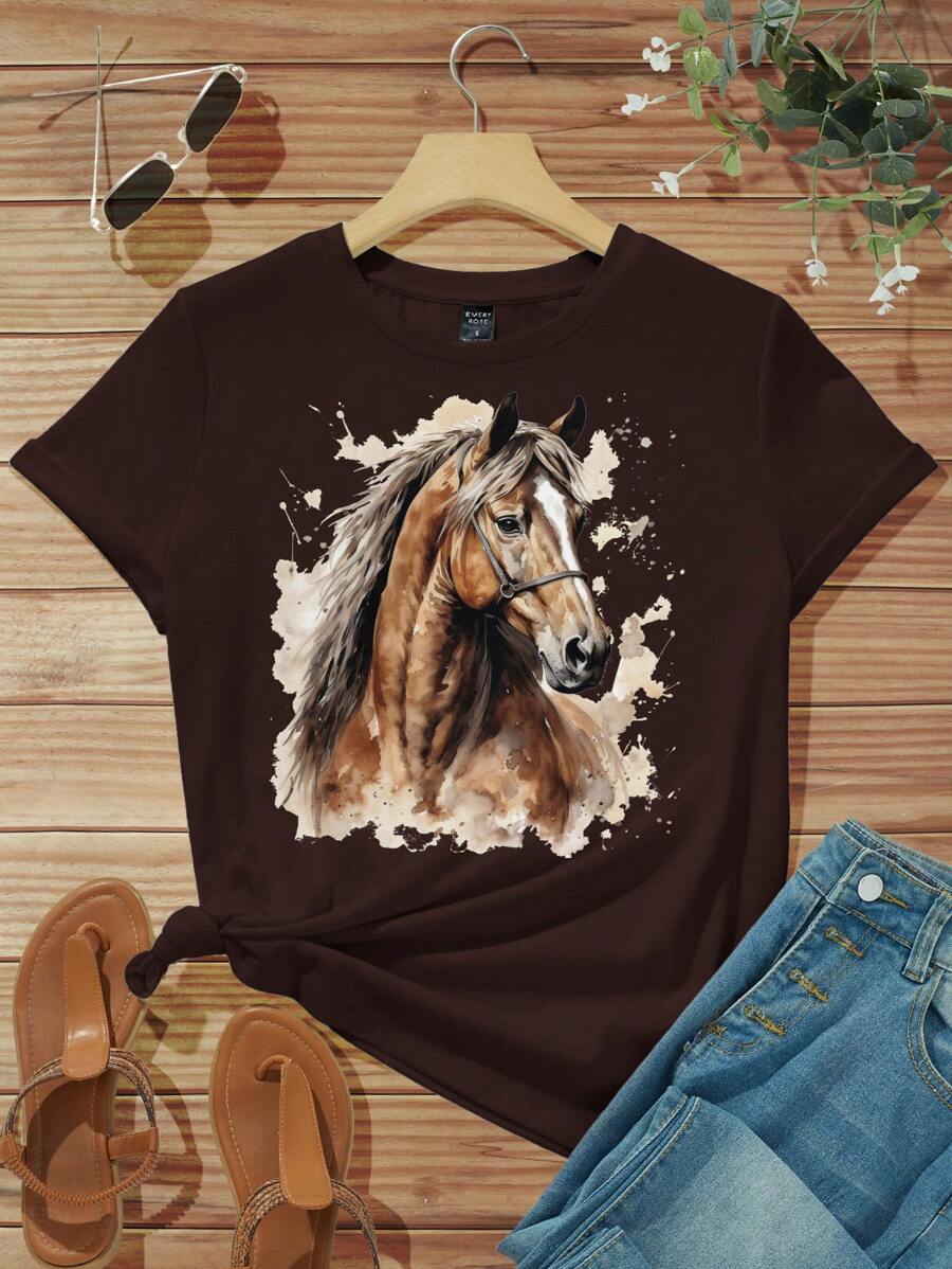 EMERY ROSE Casual Animal Horse Pattern Crew Neck Korte Mouw Dames T-shirt, Zomer Pullover