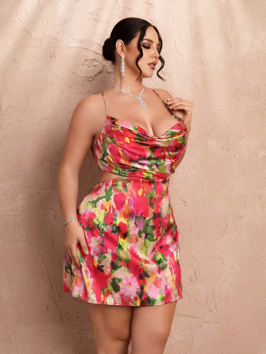 SHEIN BAE Plus Size Women's Satin Printed Spaghetti Strap Backless Tie Mini Dress, Perfect For Summer Vacation, Parties And Romantic Dates