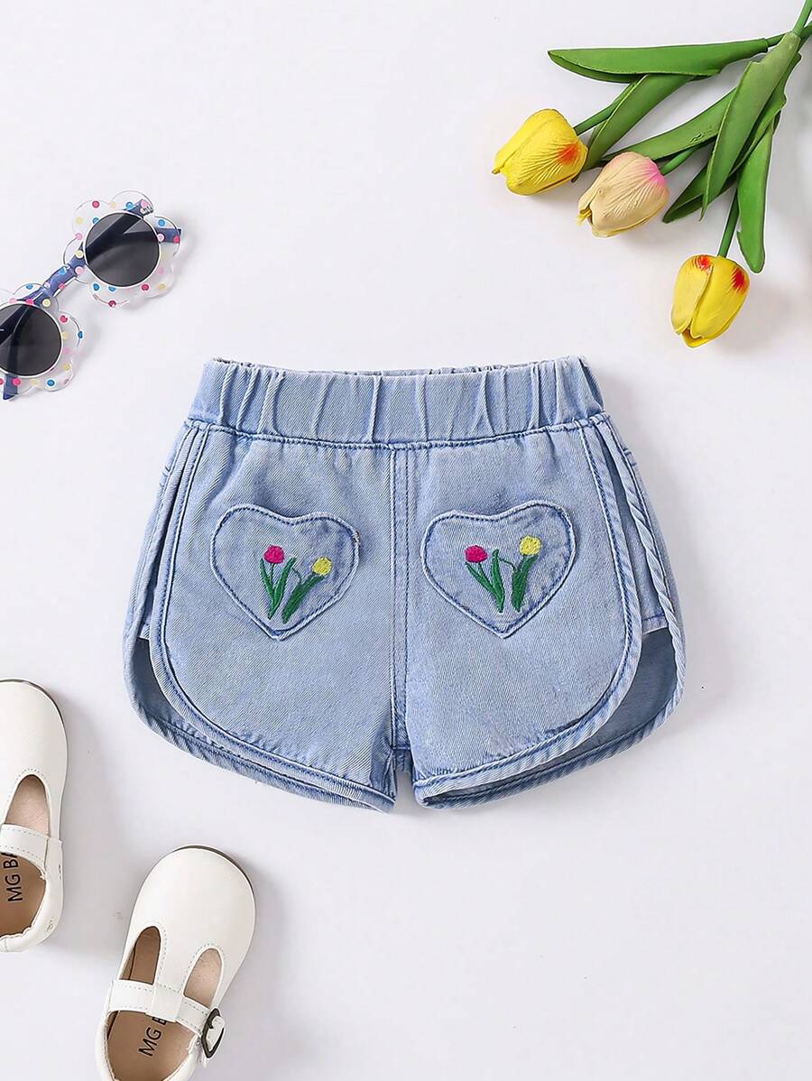 SHEIN Baby Girl Cute Embroidered Heart Elastic Waist Denim Shorts, Blue