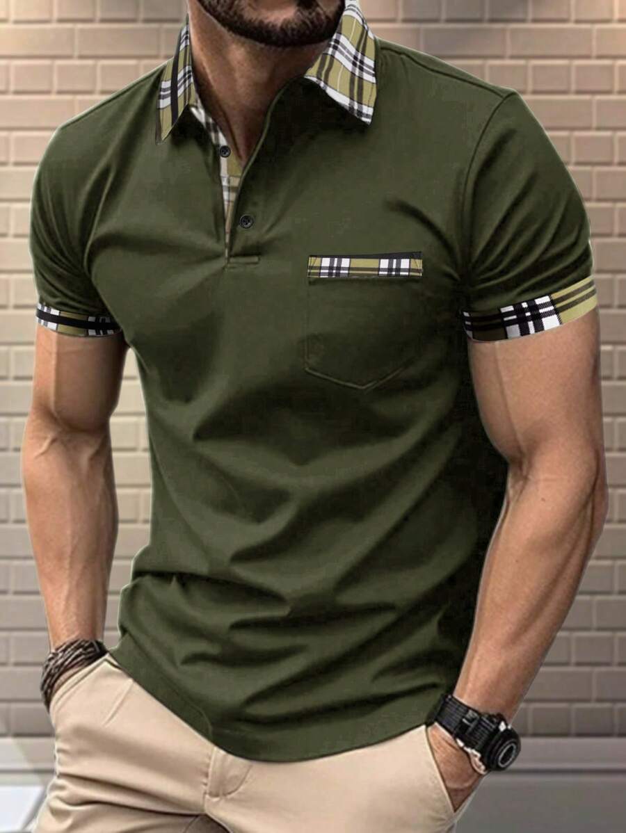 Manfinity Homme Men's Casual Plaid Patchwork Short Sleeve Polo Shirt, Summer