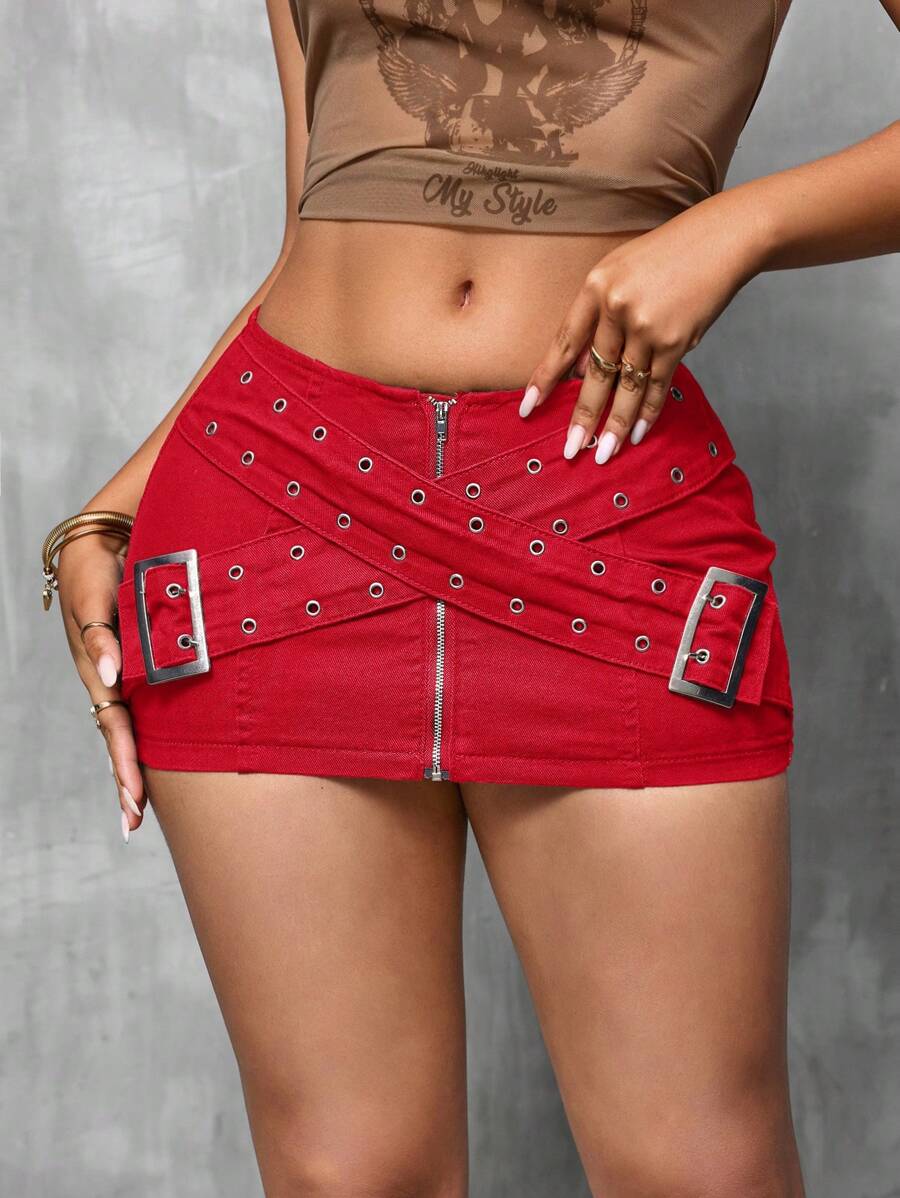 SHEIN SXY Women's Zipper Closure Door Placket Patched Pencil Denim Skirt With High Waist Buckle