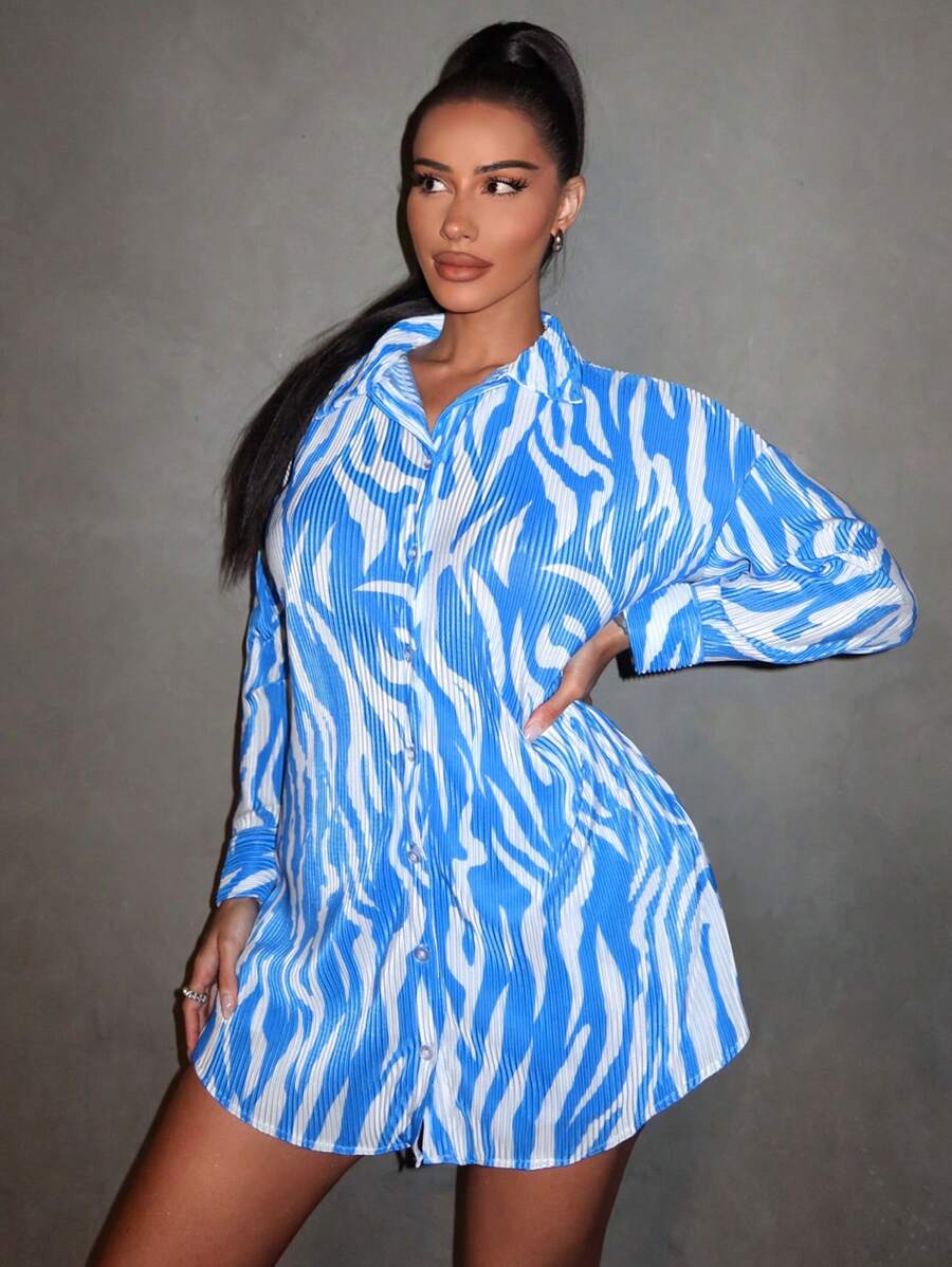SHEIN SXY Ensemble de chemise à manches longues à fleurs abstraites plissées larges et de short à motifs pour femmes en style de vacances