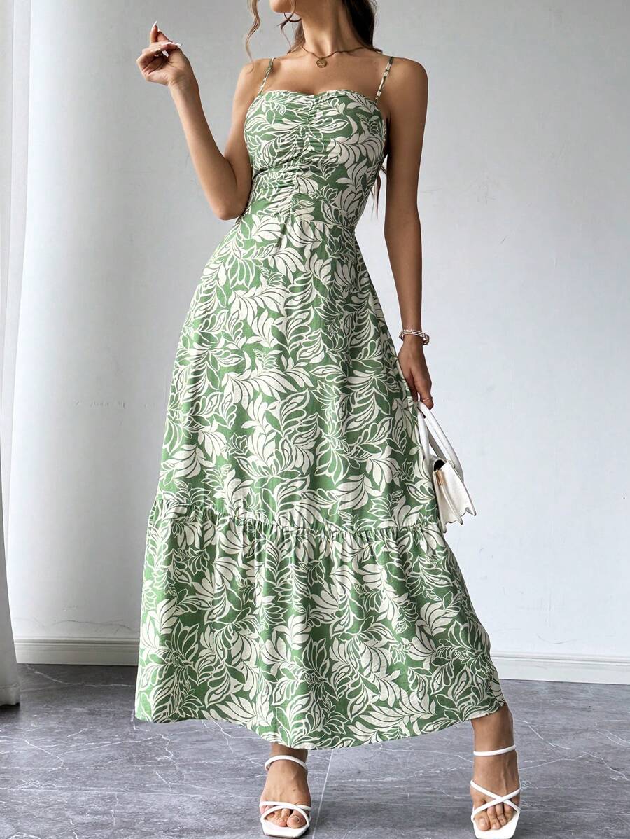 SHEIN Privé Robe d'été pour femmes, décontractée imprimée de plantes avec bretelles spaghetti