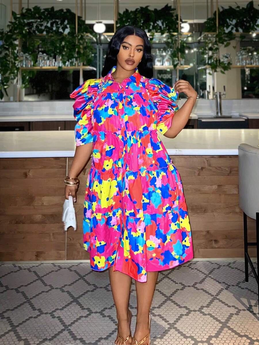 Slaydiva Colorful Casual Plus Size Printed Loose Puff Sleeve A-Line Dress For Women