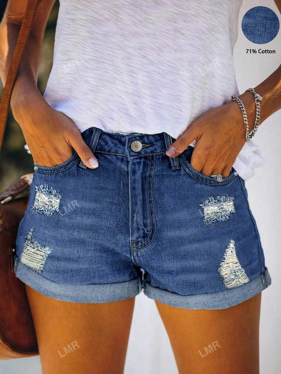 Summer Casual Distressed Elastic Cuffed Denim Shorts