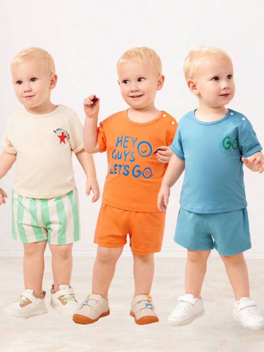 SHEIN 6pcs/Set Boys' Baby Clothing With Simple, Fun, Colorful Dopamine & Alphabet Printed Patterns, Perfect For Holidays And Outings, Spring & Summer