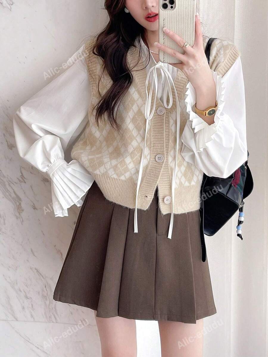 Vintage Plaid V-Neck Button-Front Cardigan Vest, Casual For Spring Autumn