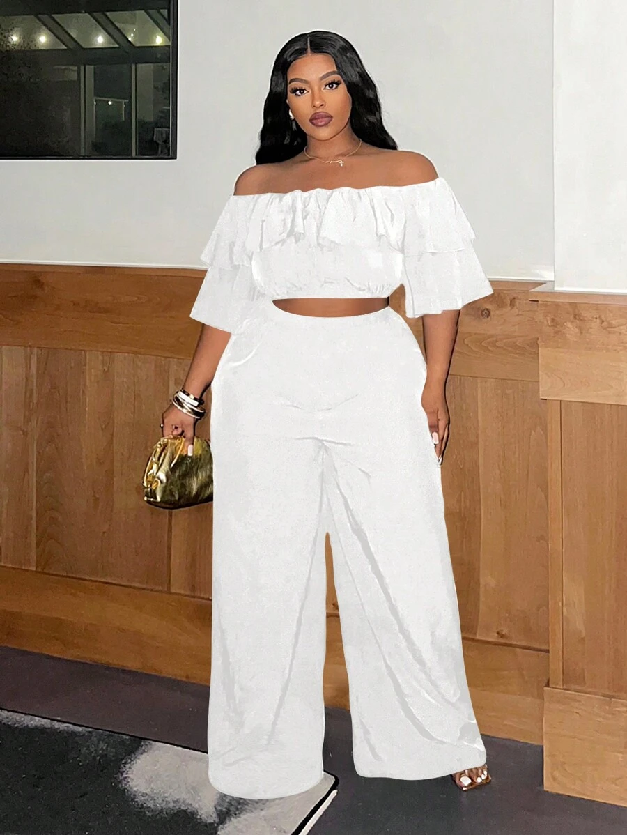 Slaydiva Casual Basic Ruffle Ruffle Edge Wide Leg Pants Plus Size Women's Set