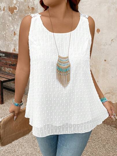 Plus Size Holiday Leisure Solid Color Lace Patchwork Tank Top, Summer