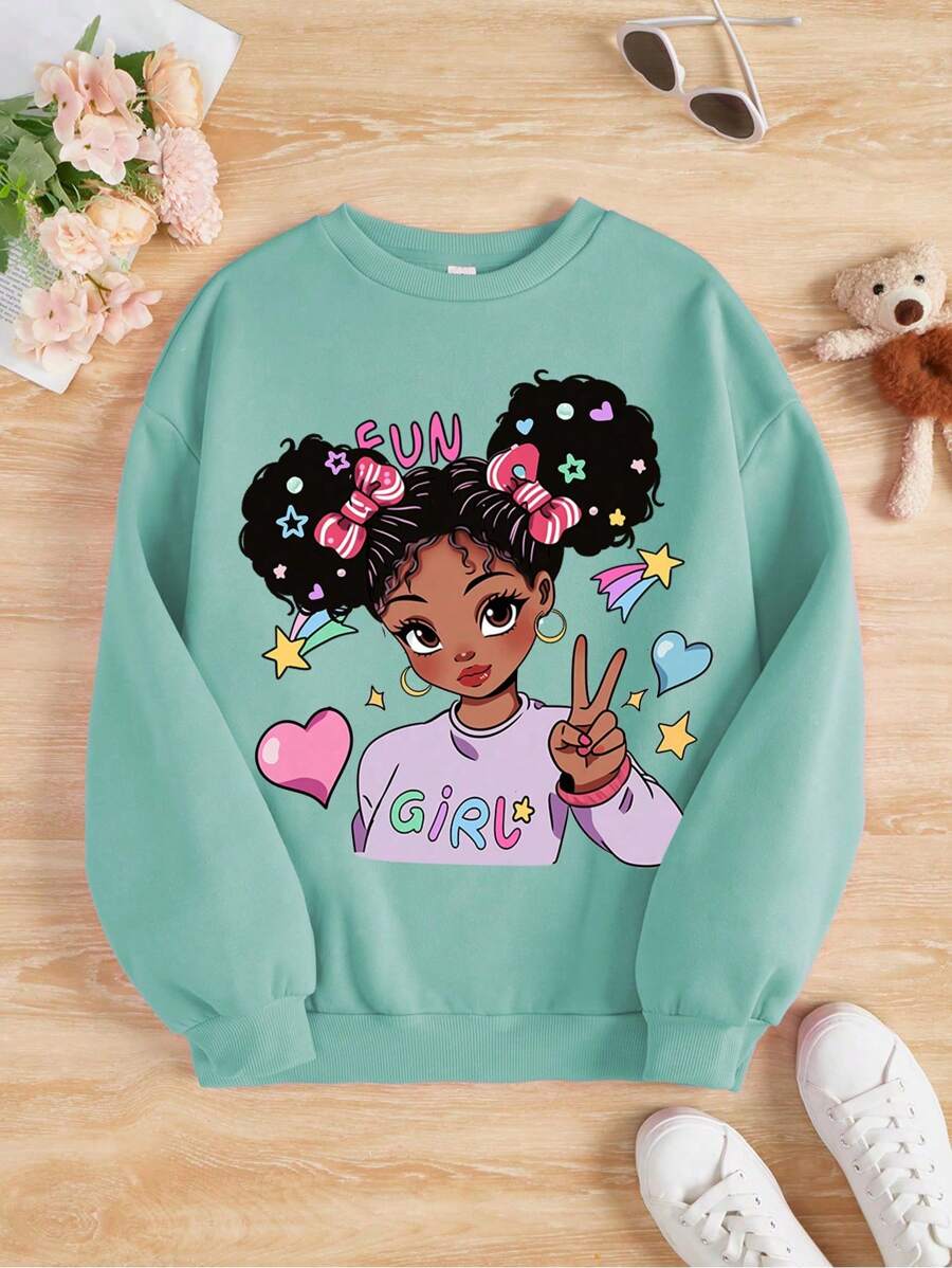 SHEIN Freizeit Weißer Rundhalsausschnitt Sweatshirt Mit Cartoon Muster Für Mädchen Im Herbst Und Winter Geeignet