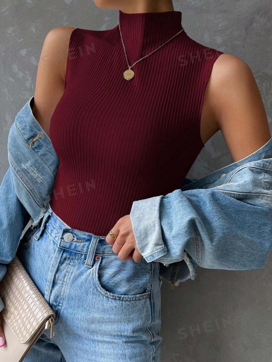 SHEIN Clasi Camiseta sin mangas de verano para mujer de cuello alto en unicolor, sencilla y a la moda