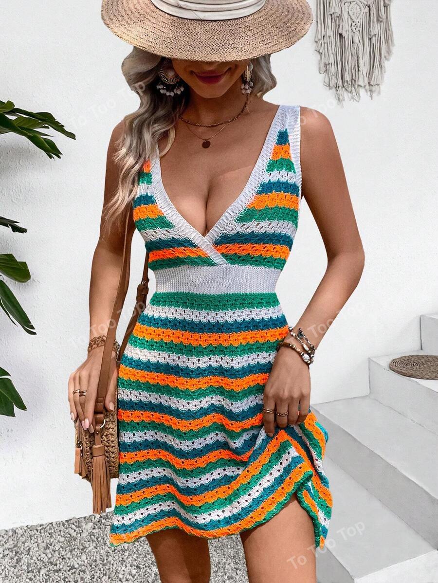 Vestido de playa sin mangas para vacaciones con diseño de bloques de color y rayas