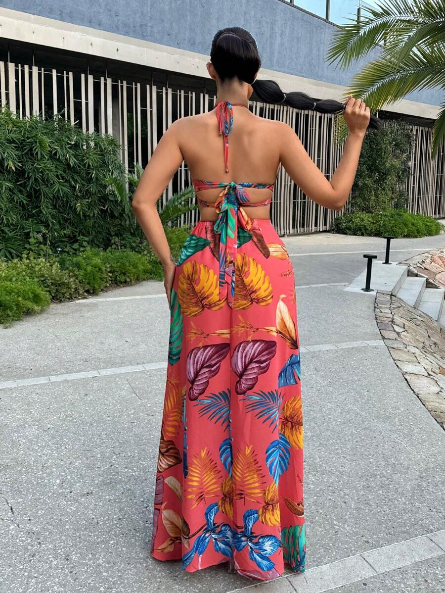 SHEIN SXY Vestido largo y sexy para mujer con tirantes, corte de abertura, lazo y estampado de hojas rojas