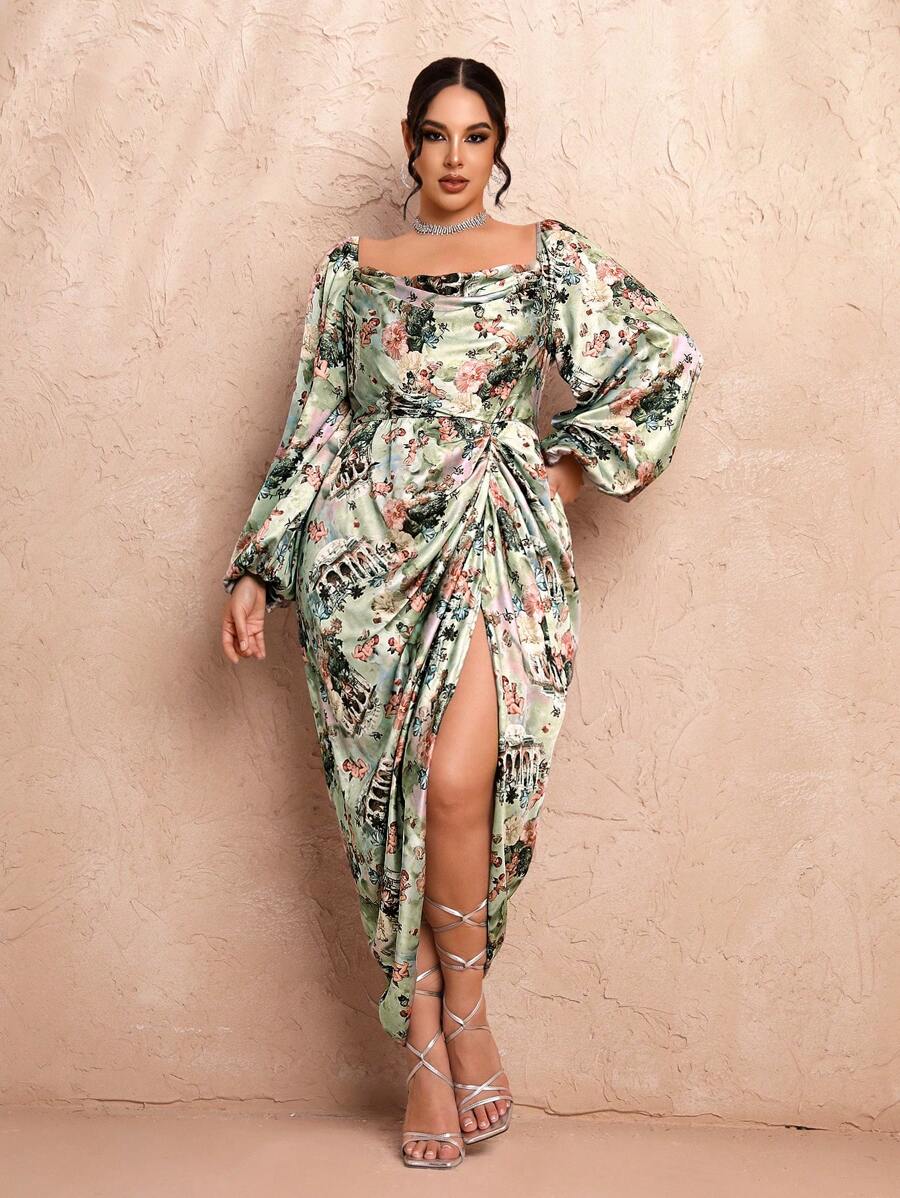 SHEIN BAE Vestido suelto de satén con escote cuadrado, mangas abullonadas, manga larga y abertura lateral en la pierna con patrón floral, talla grande