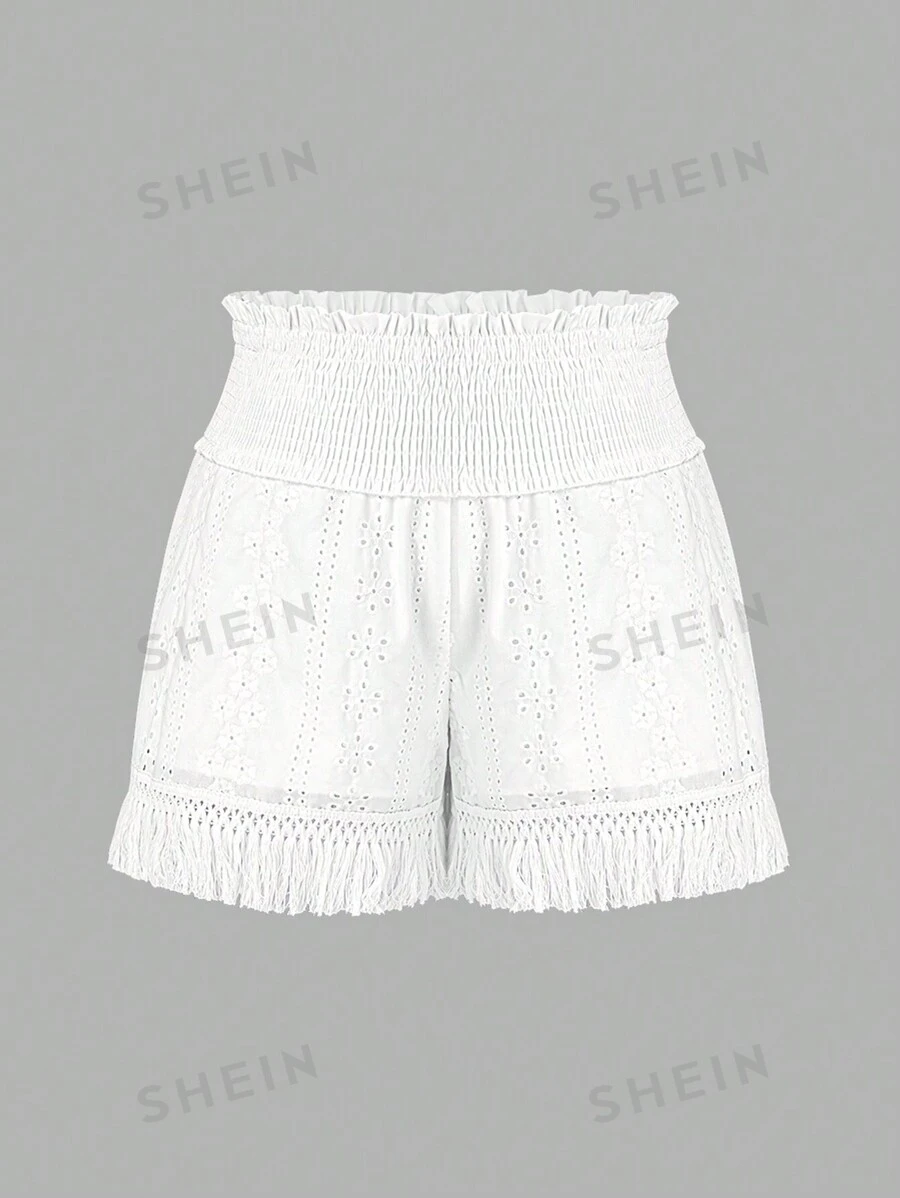 Celure Shorts de talla grande para verano, unicolor casual con bordado perforado y borlas en el dobladillo