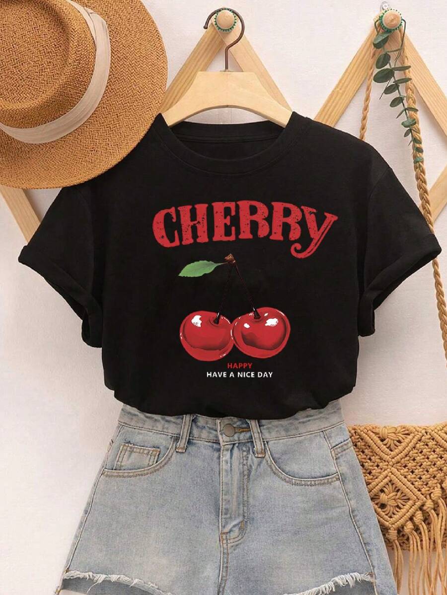 Tween Girl Cherry Y2K Casual Verão Frutas Camiseta de manga curta