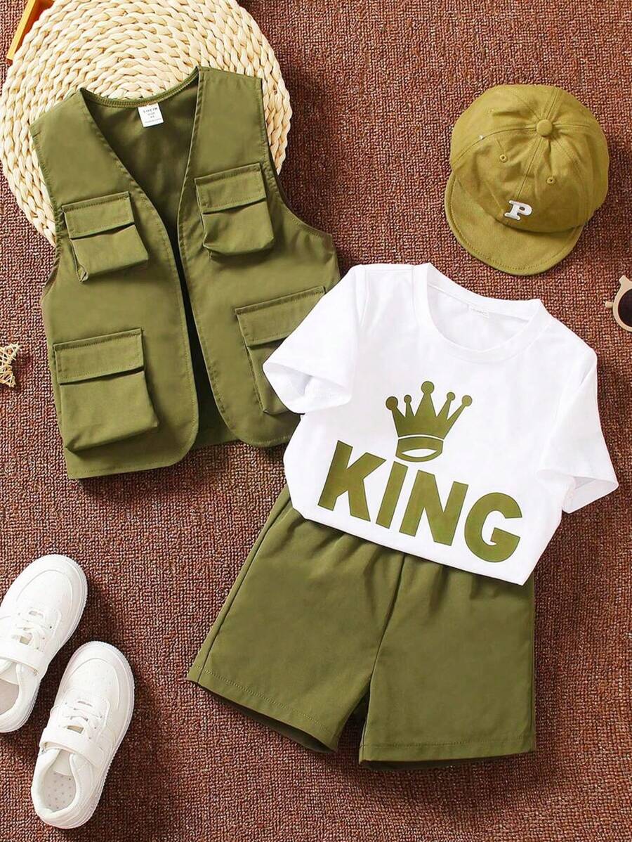 SHEIN Teen Boy Summer Solid Color Multi-Functional Pocket Vest With Letter Print Round Neck Short Sleeve T-Shirt And Shorts Casual Outfit