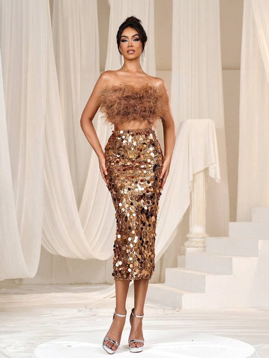 Faeriesty Elegant Stylish Tube Top & Sequin Slit Back Skirt