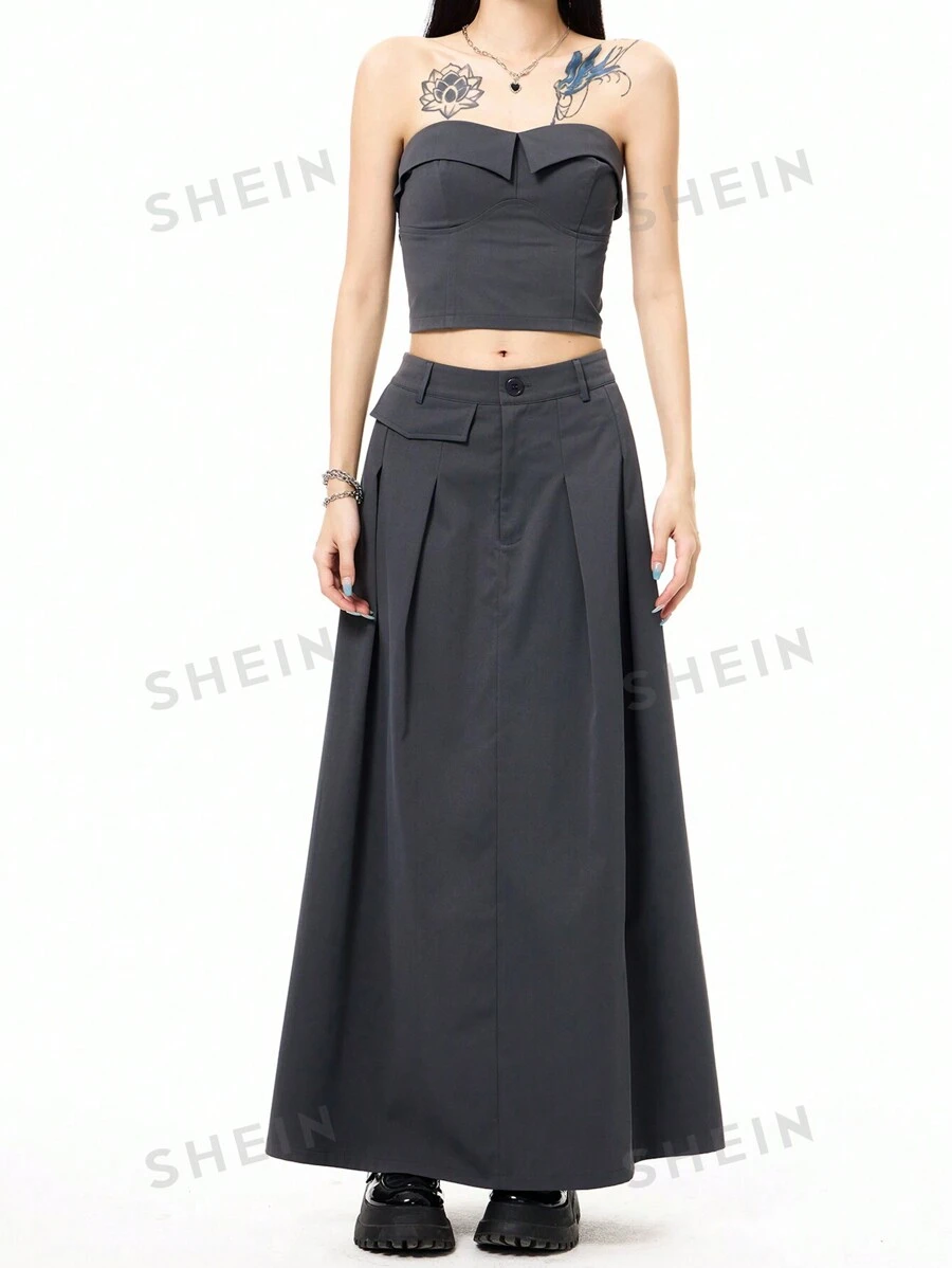SHEIN EZwear Conjunto de verano para mujer con vestido largo sin tirantes de 2 piezas