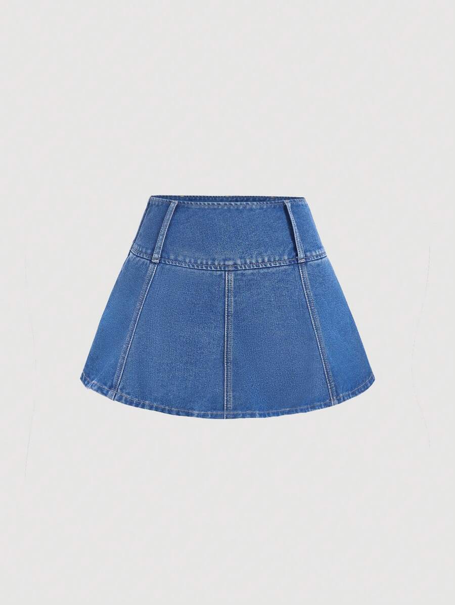 SHEIN MOD Women's Casual Denim Skirt With Pleats, Perfect For Daytime And Travel
