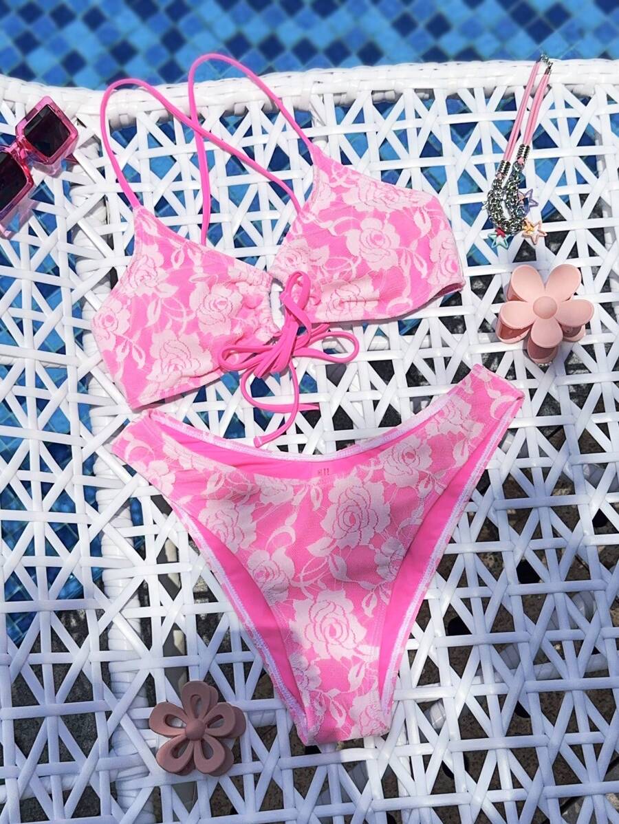Swim Mod Women's Summer Beach Floral Printed Front Tie Sexy Bikini Set