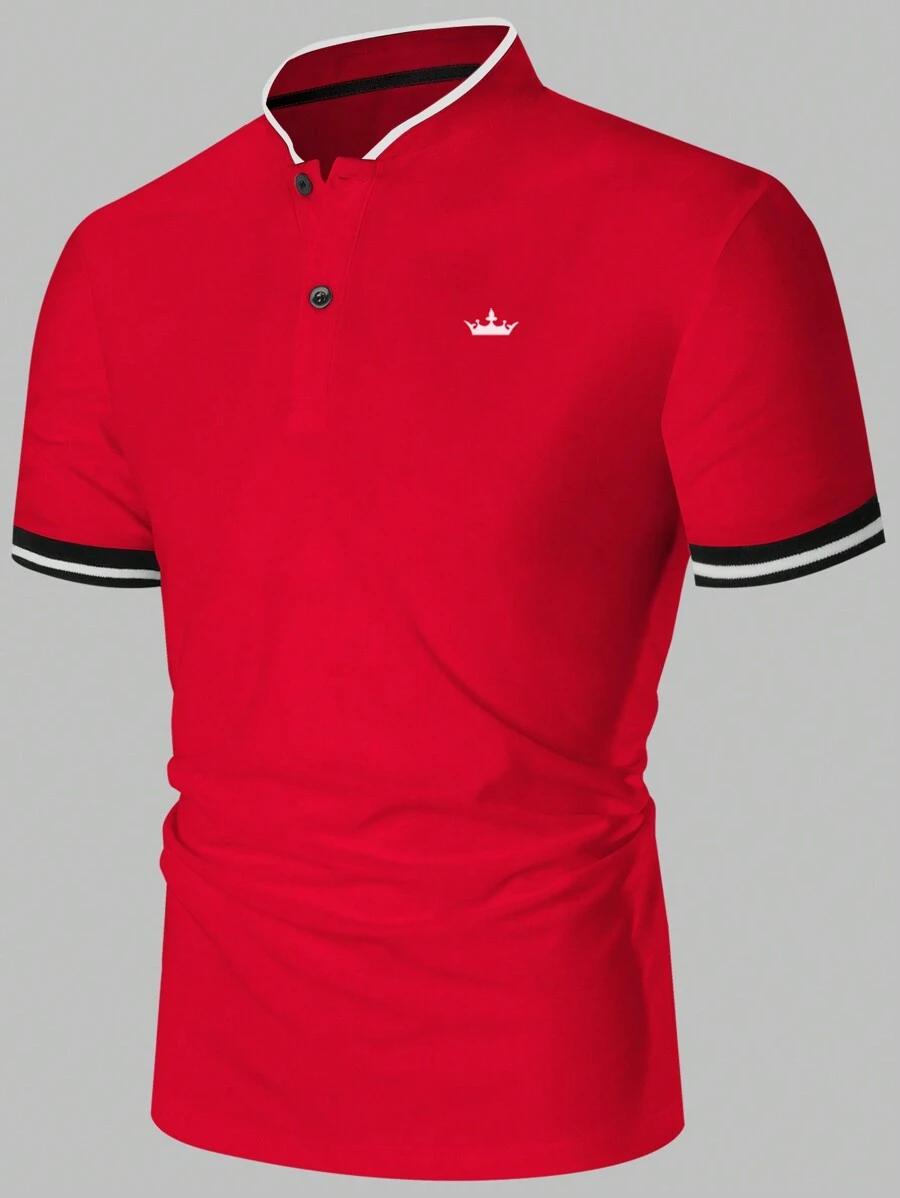 Manfinity Homme Camisa de polo casual de manga corta con rayas de corona de verano para hombres, para el desplazamiento diario