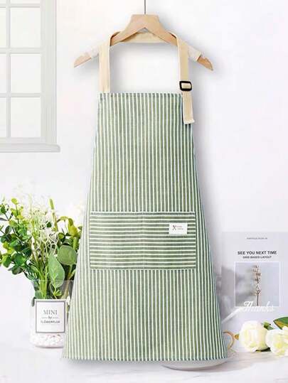 1pc Adjustable Colorful Striped Apron For Men And Women, Simple Style Cooking Apron With Pockets For Chef, Server, Kitchen Cooking Aprons,Bbq, Hair Stylist, Kitchen Tool, Machine Washable(Green Pinstripes) Christmas For Holiday Gift Giving