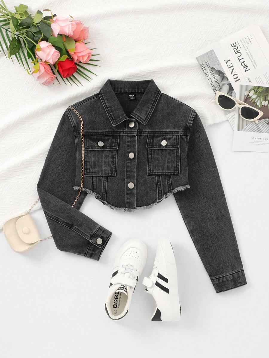 SHEIN Tween Girls' Casual Fringed Short Denim Jacket,Holiday,Summer,Travel