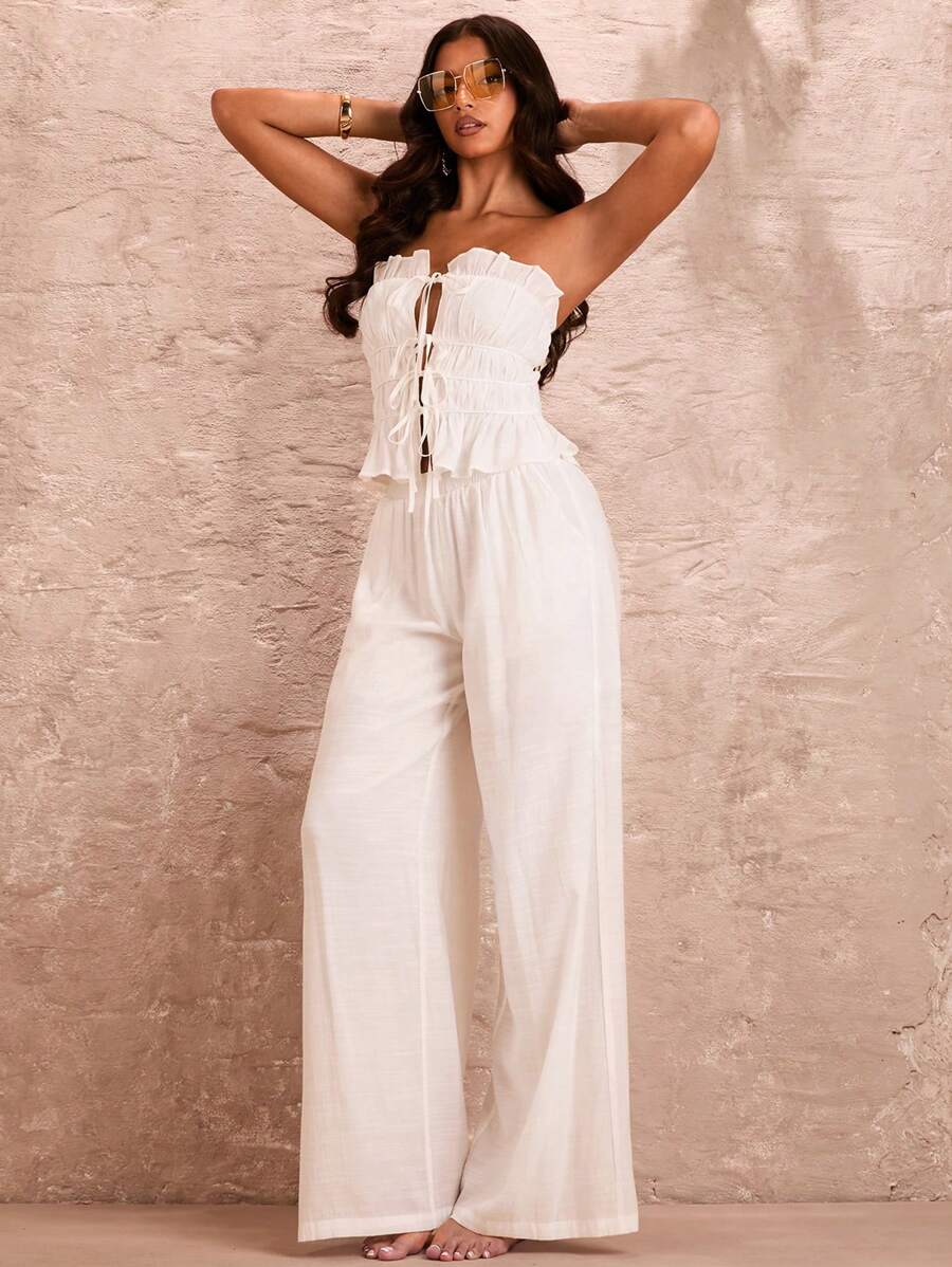 SHEIN BAE Dames Romantische zomer Strandvakantie Sexy Wit Effen Kleur Mouwloos Bandeau-top met meerlaagse bandjes, kant en ruches
