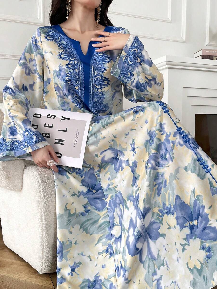 Al Najma Damen elegantes Kleid mit langem Glockenärmel und Blumenmuster, Frühling/Sommer, Kaftan