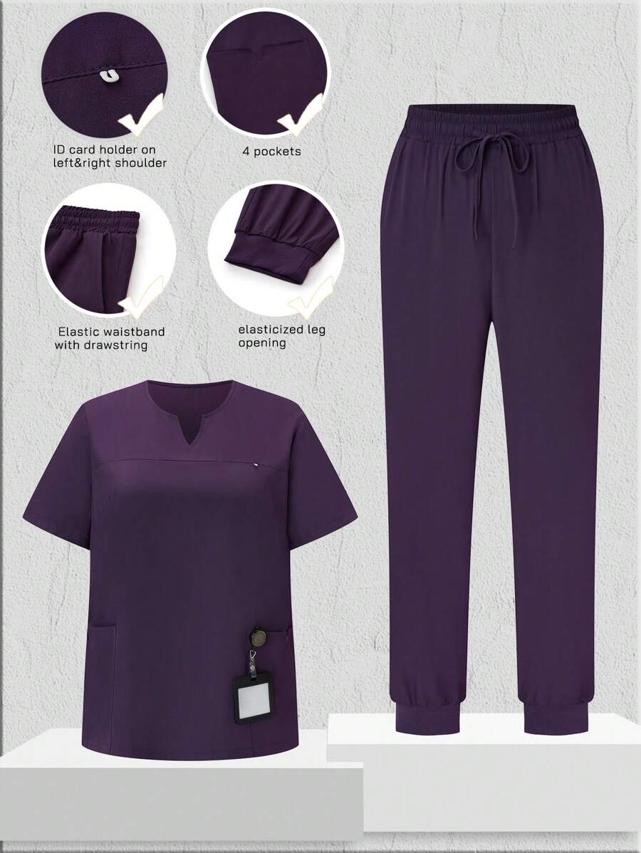 TaskEZ Plus Size Women's Solid Color Short Sleeve Top With V-Neckline And Waist-Tie Pants Uniform Set, Plus Size Uniform & Scrub