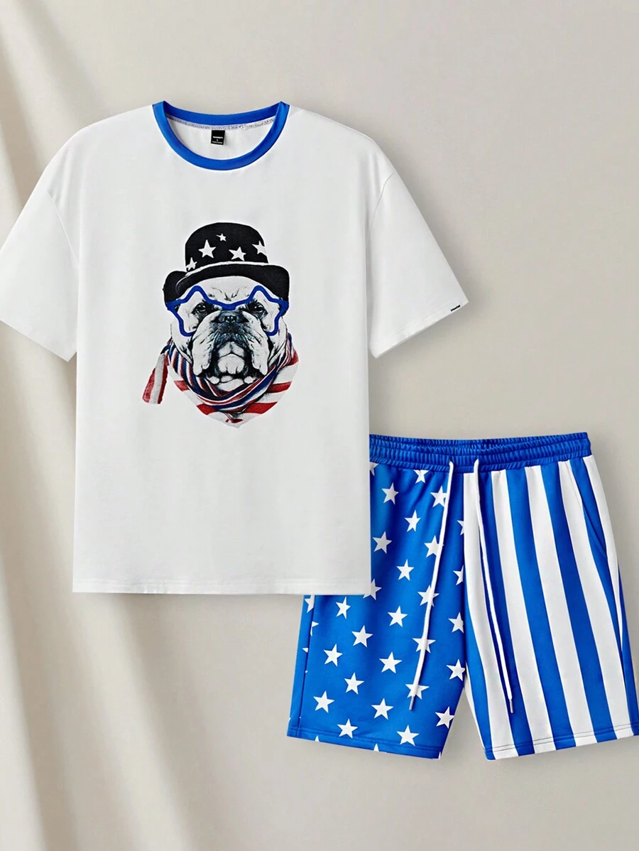 Manfinity VCAY Men's Summer Dog Print Round Neck Short Sleeve Casual T-Shirt And Drawstring Waist Shorts Set